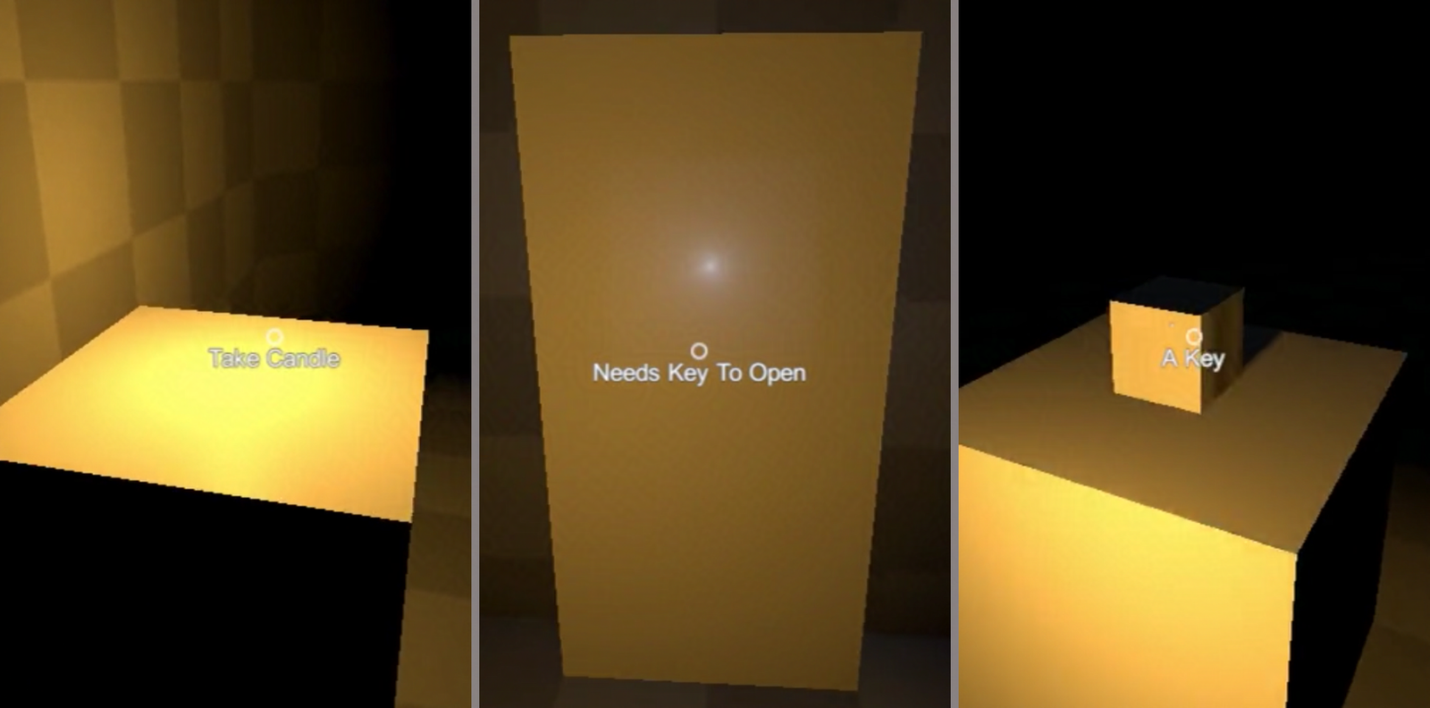 Screenshots from the original prototype, using a candle to find a key.